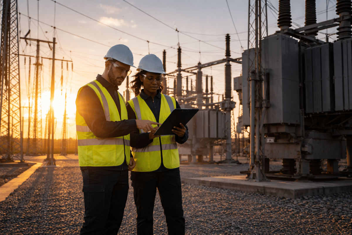 Utility engineers reviewing grid data on tablet at electrical substation during sunrise