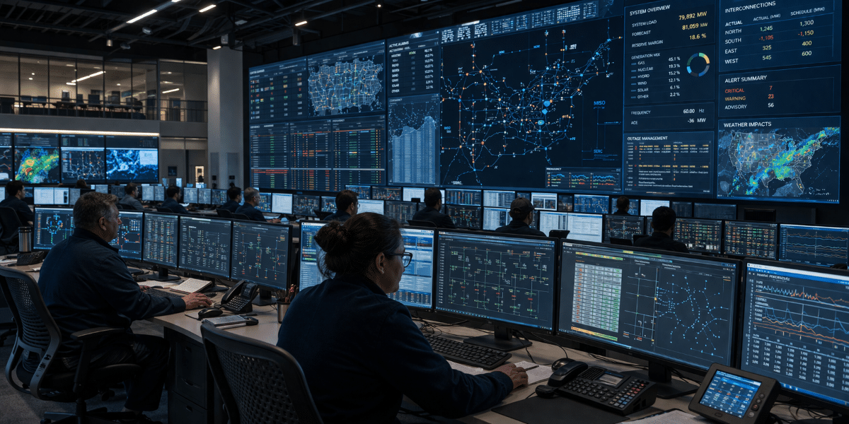 Utility control room with engineers monitoring power grid dashboards and network map wall