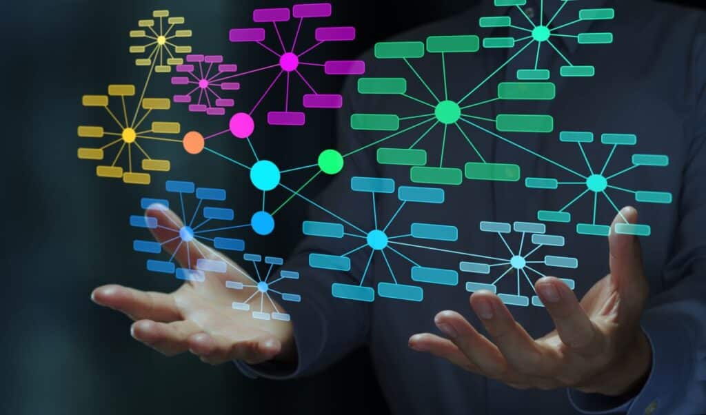 Business professional interacting with a visual network of connected nodes and relationships representing a knowledge graph or semantic data model.