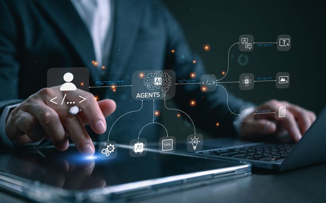 Business professional controlling AI agents workflow