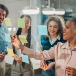 Business team brainstorming and planning using sticky notes on glass wall