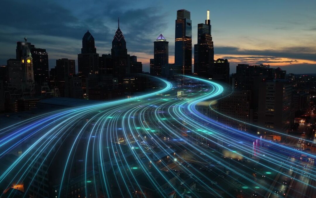 Band lights over modern urban cityscape at night
