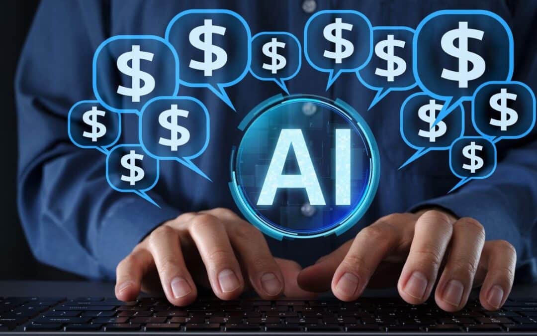 conceptual photo of hands on a keyboard surrounded by the text "AI" and dollar signs