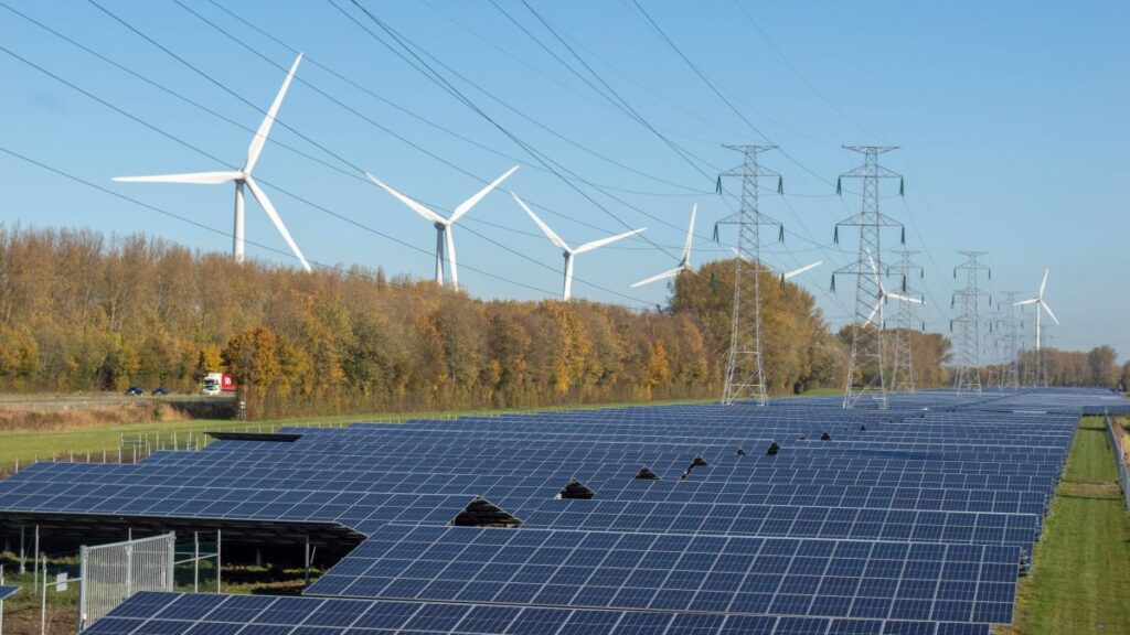 Wind mills, solar panels and power lines