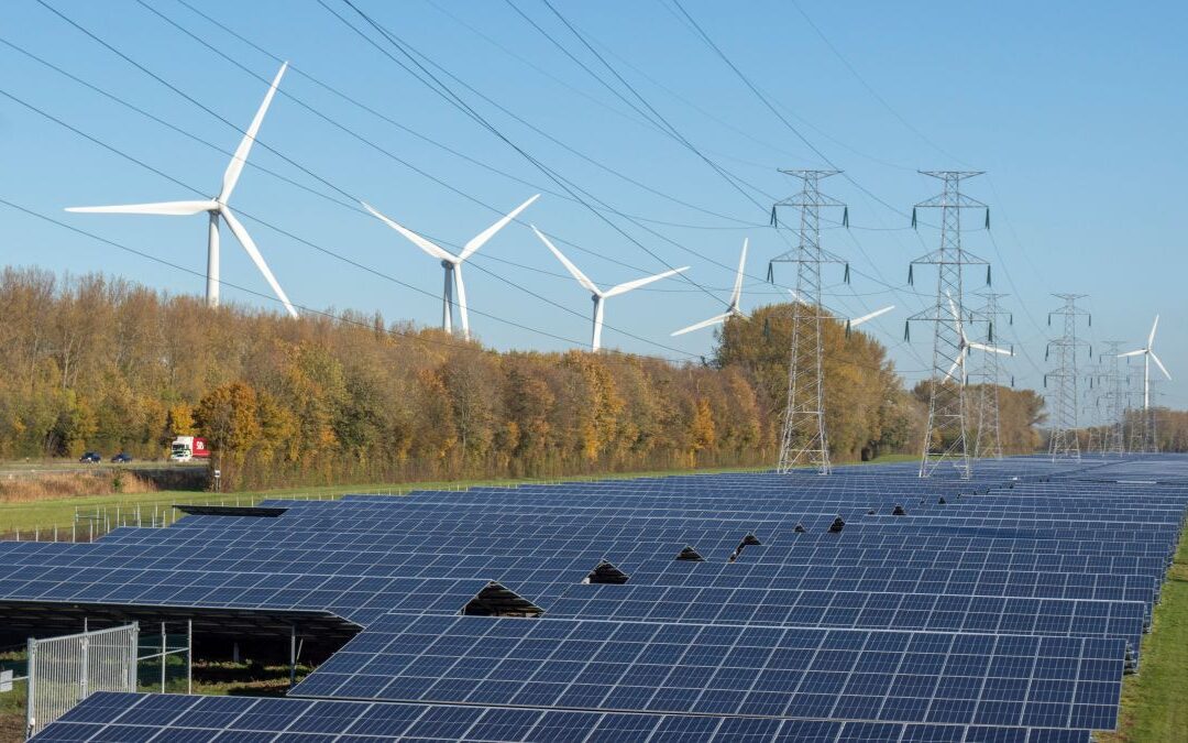 Wind mills, solar panels and power lines