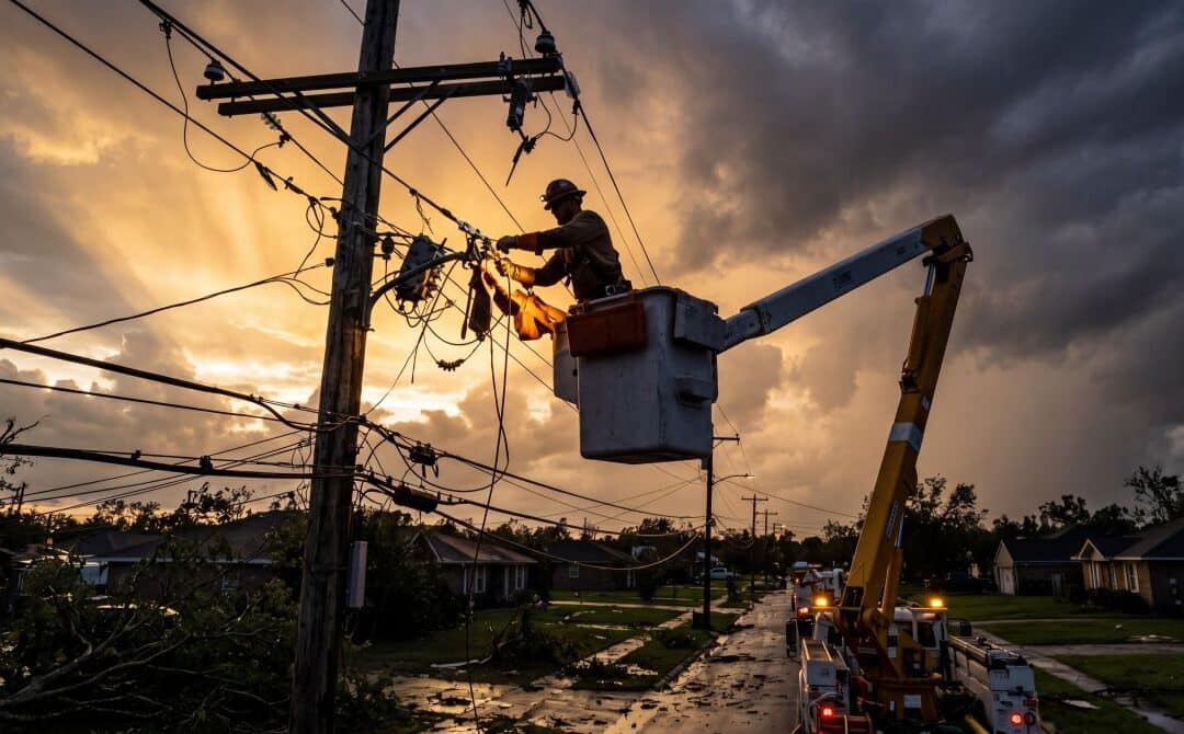 Utility line worker in bucket truck repairing power lines after storm at sunset