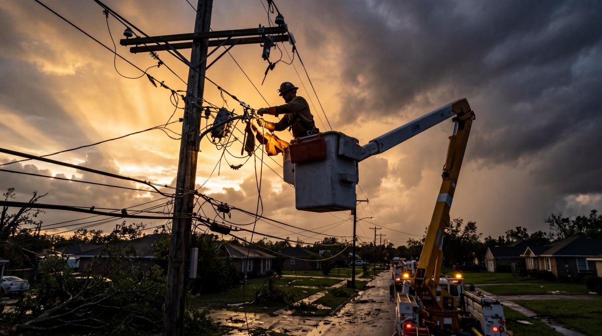 Utility line worker in bucket truck repairing power lines after storm at sunset