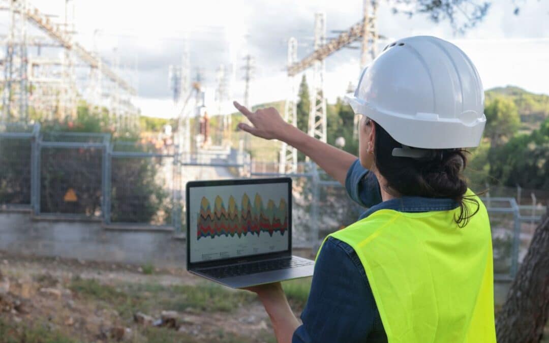 Female electrical engineer in hard hat and safety vest outdoors, holding a laptop with graphs while pointing at a power substation, overseeing grid operations and data analysis