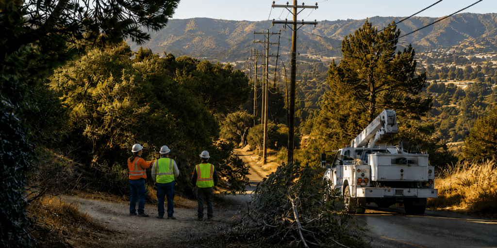Utility workers assess power lines and vegetation along a wildfire-prone hillside corridor.