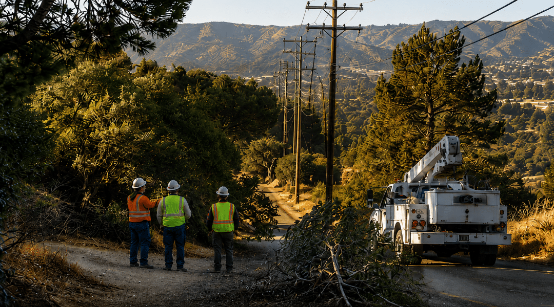 Utility workers assess power lines and vegetation along a wildfire-prone hillside corridor.