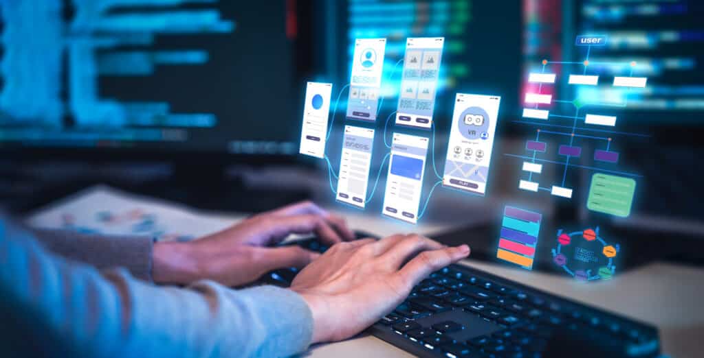 Programmer using artificial intelligence with prompt tools as developer improves vibe coding and programming, building coding software engineering for UX UI automation and user interface