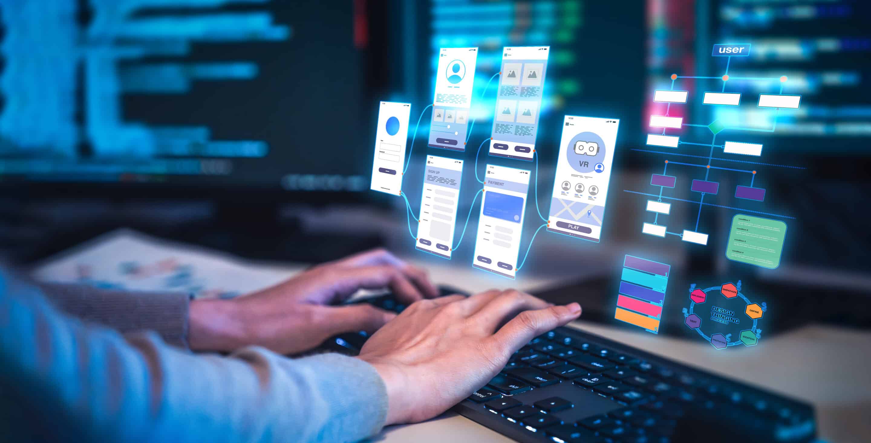 Programmer using artificial intelligence with prompt tools as developer improves vibe coding and programming, building coding software engineering for UX UI automation and user interface