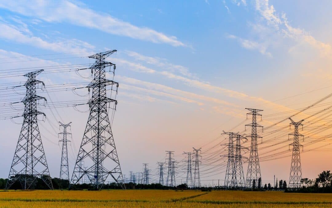 transmission lines at sunset