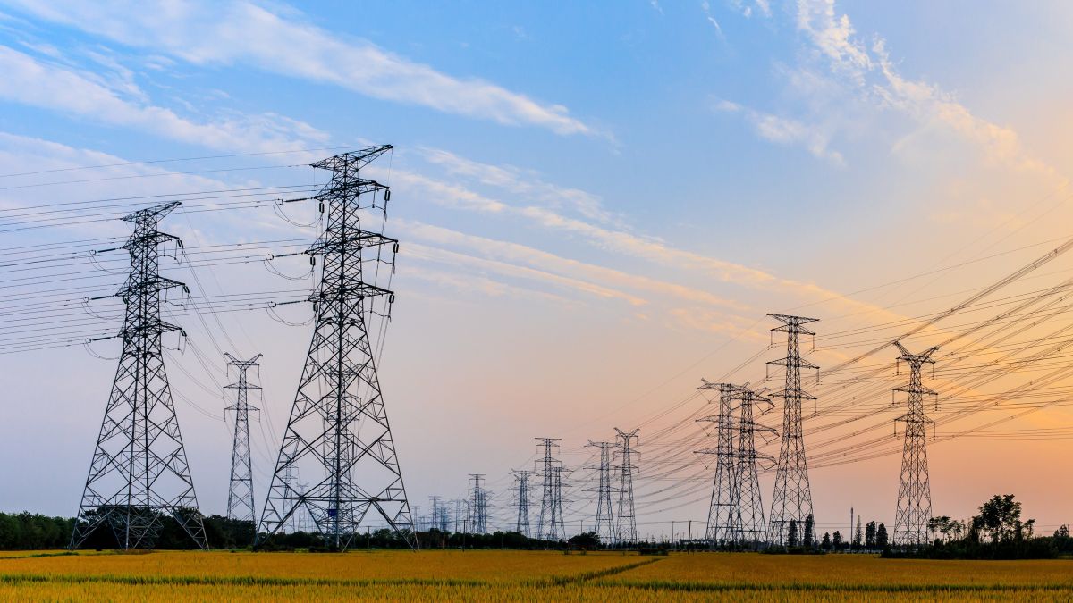 transmission lines at sunset