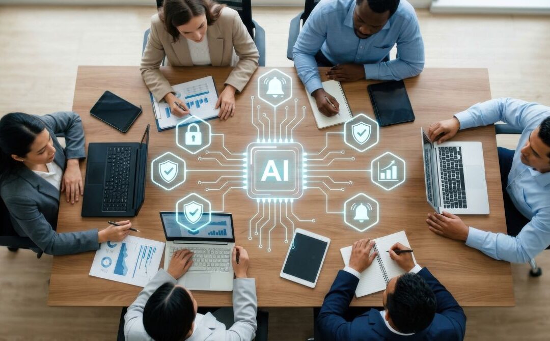 employees collaborating around AI in a modern office environment