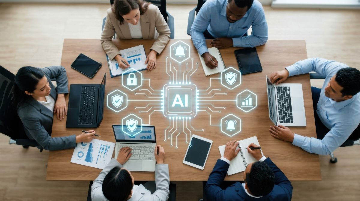 employees collaborating around AI in a modern office environment